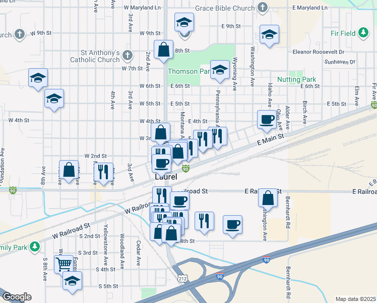 map of restaurants, bars, coffee shops, grocery stores, and more near 212 East 1st Street in Laurel