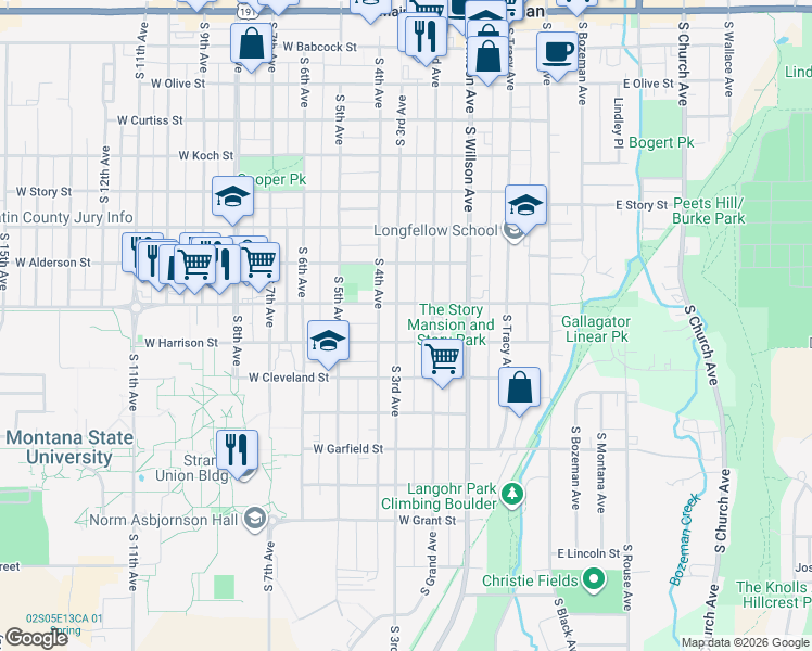 map of restaurants, bars, coffee shops, grocery stores, and more near 819 South 3rd Avenue in Bozeman