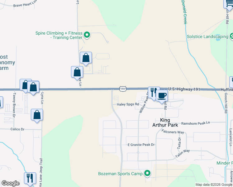 map of restaurants, bars, coffee shops, grocery stores, and more near 8420 U.S. 191 in Bozeman
