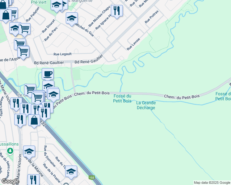 map of restaurants, bars, coffee shops, grocery stores, and more near 389 Chemin du Petit Bois in Varennes