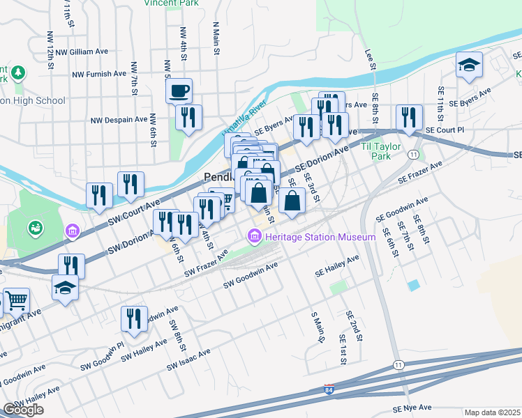 map of restaurants, bars, coffee shops, grocery stores, and more near 369 South Main Street in Pendleton