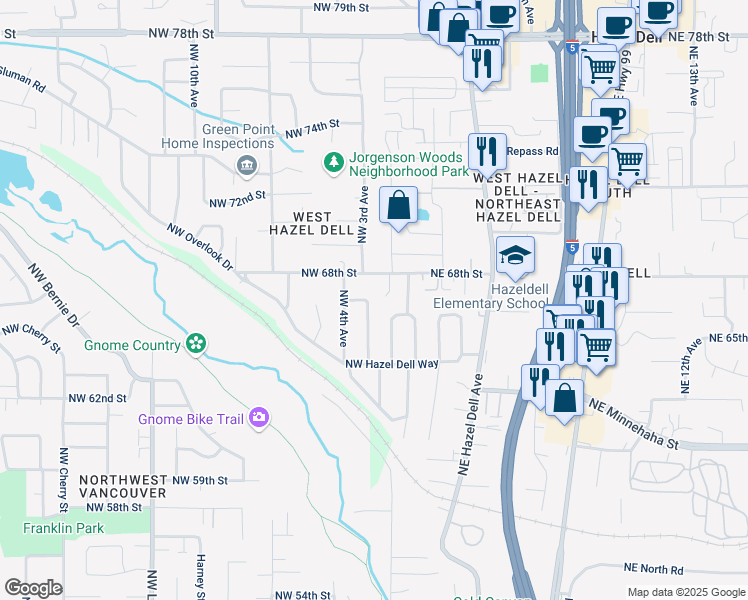 map of restaurants, bars, coffee shops, grocery stores, and more near 6601 Northwest Firwood Drive in Vancouver