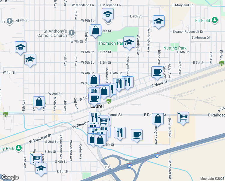 map of restaurants, bars, coffee shops, grocery stores, and more near 20 Colorado Avenue in Laurel