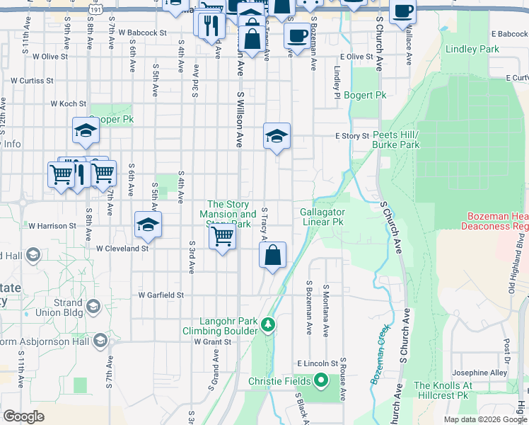 map of restaurants, bars, coffee shops, grocery stores, and more near 815 S Tracy Ave in Bozeman