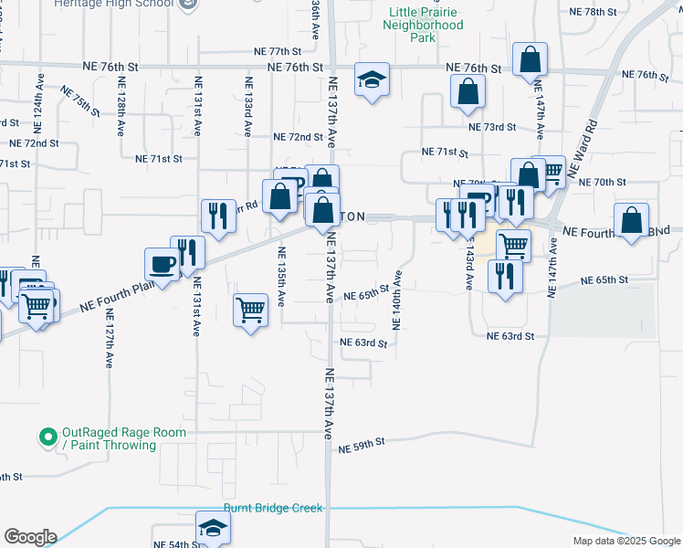 map of restaurants, bars, coffee shops, grocery stores, and more near 13800 Northeast 65th Street in Vancouver