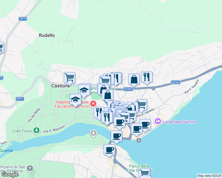 map of restaurants, bars, coffee shops, grocery stores, and more near 6 SP ex Strada Statale 469 in Sarnico