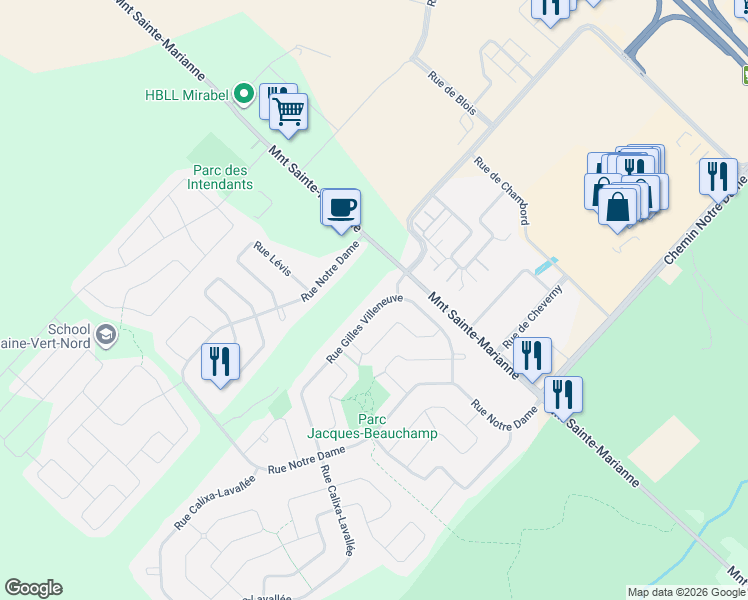 map of restaurants, bars, coffee shops, grocery stores, and more near 11385 Rue Gilles Villeneuve in Mirabel