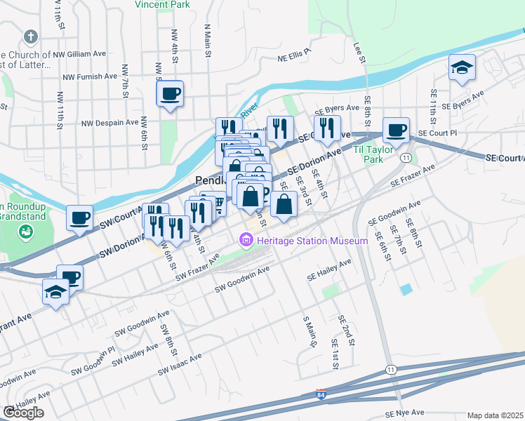 map of restaurants, bars, coffee shops, grocery stores, and more near 15 Southeast Emigrant Avenue in Pendleton