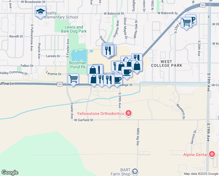 map of restaurants, bars, coffee shops, grocery stores, and more near 867 South 29th Avenue in Bozeman