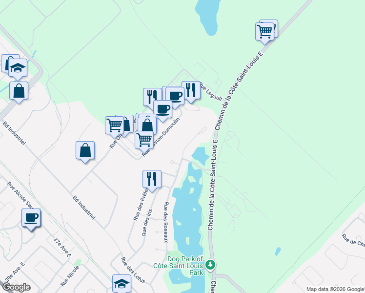 map of restaurants, bars, coffee shops, grocery stores, and more near 82 Rue des Roseaux in Blainville