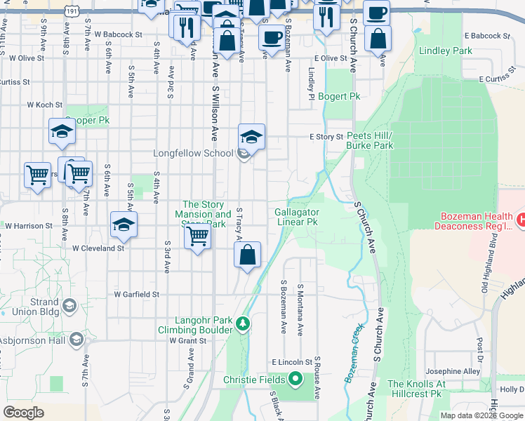 map of restaurants, bars, coffee shops, grocery stores, and more near 819 South Black Avenue in Bozeman