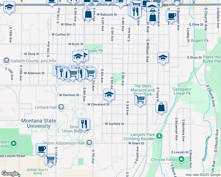 map of restaurants, bars, coffee shops, grocery stores, and more near 419 West Harrison Street in Bozeman
