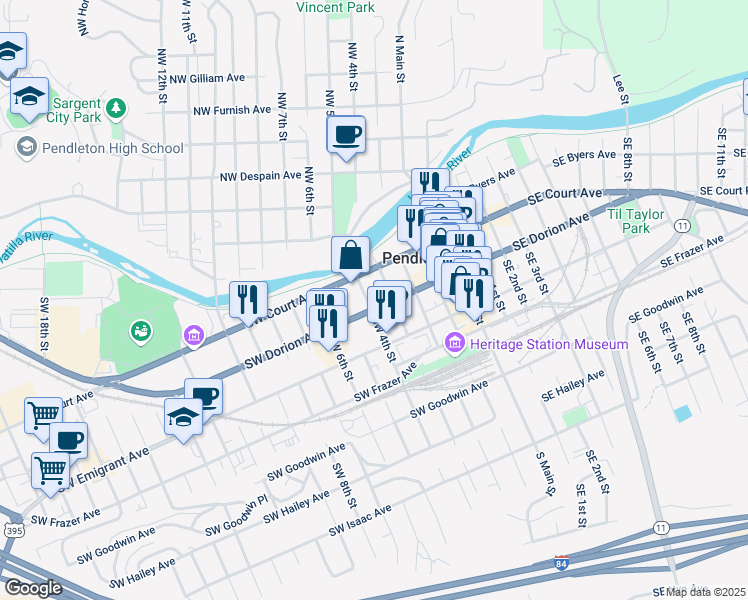 map of restaurants, bars, coffee shops, grocery stores, and more near in Pendleton