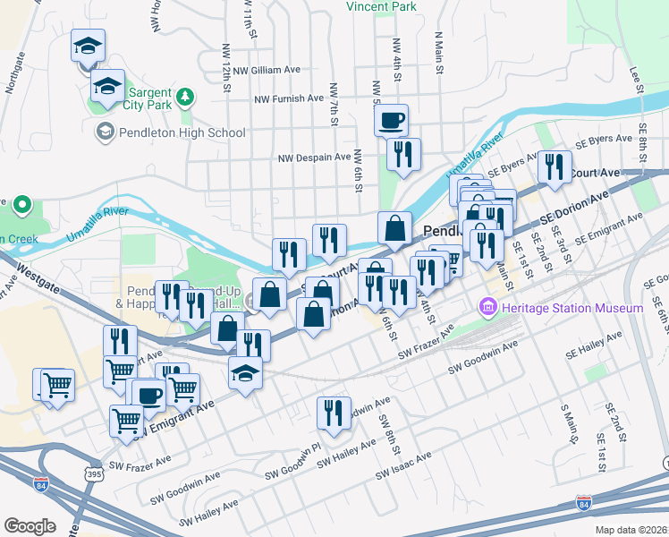 map of restaurants, bars, coffee shops, grocery stores, and more near 207 Southwest 7th Street in Pendleton