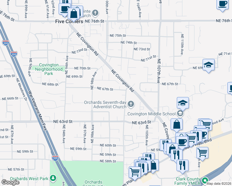 map of restaurants, bars, coffee shops, grocery stores, and more near 10017 Northeast 67th Street in Vancouver