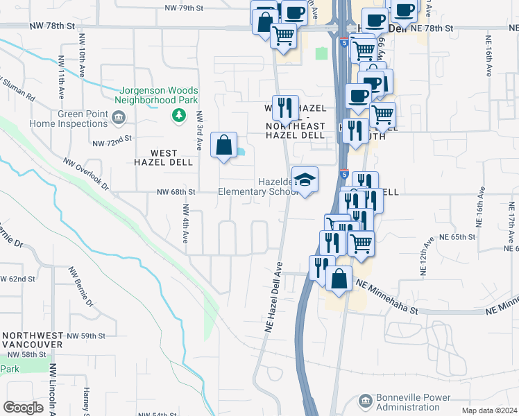 map of restaurants, bars, coffee shops, grocery stores, and more near 6448 Northeast Bonner Drive in Vancouver