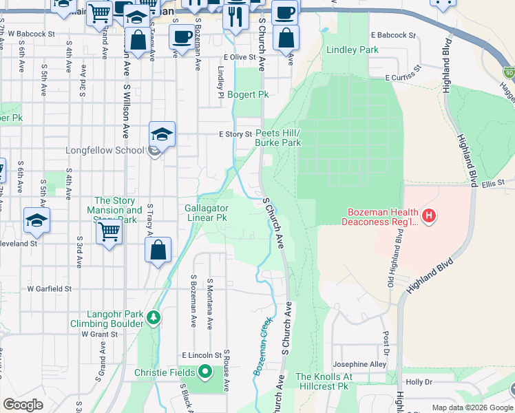 map of restaurants, bars, coffee shops, grocery stores, and more near 803 South Church Avenue in Bozeman