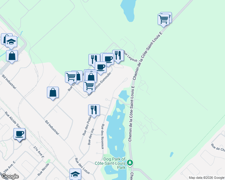 map of restaurants, bars, coffee shops, grocery stores, and more near 82 Rue des Roseaux in Blainville