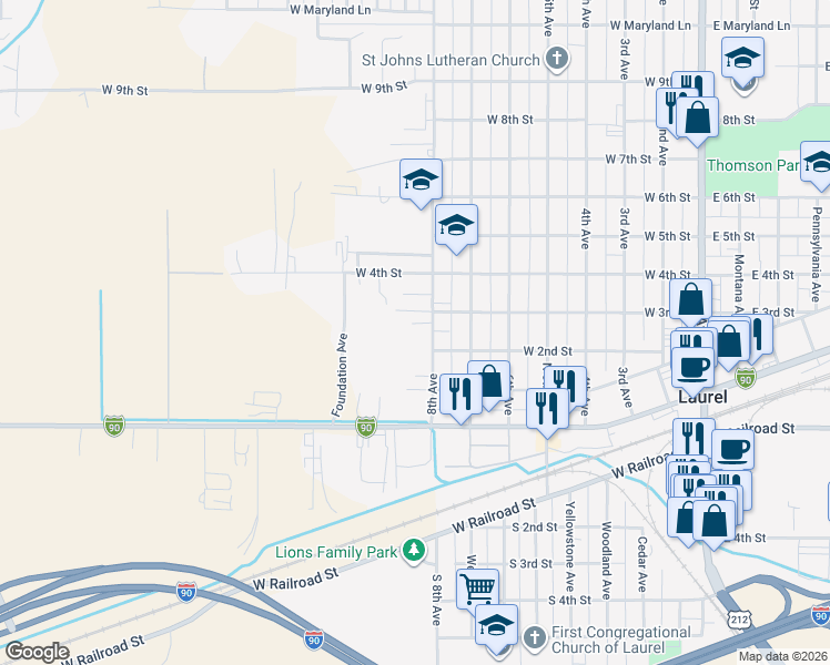 map of restaurants, bars, coffee shops, grocery stores, and more near 202 8th Avenue in Laurel