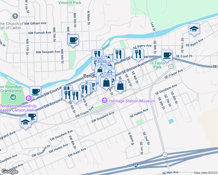 map of restaurants, bars, coffee shops, grocery stores, and more near 369 South Main Street in Pendleton