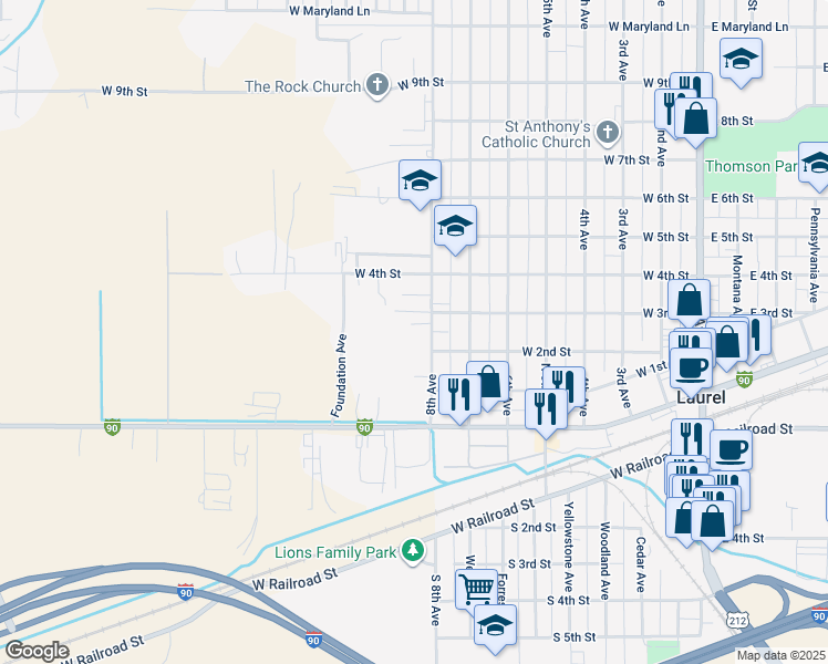 map of restaurants, bars, coffee shops, grocery stores, and more near 202 8th Avenue in Laurel