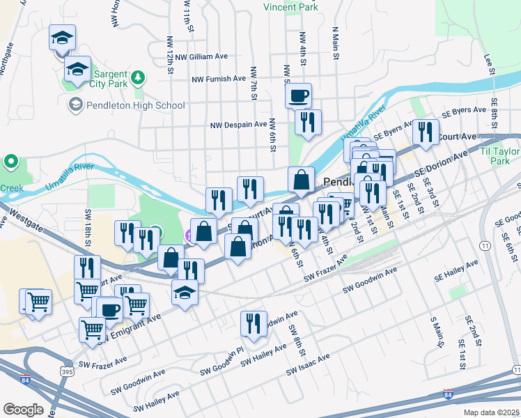 map of restaurants, bars, coffee shops, grocery stores, and more near 207 Southwest 7th Street in Pendleton