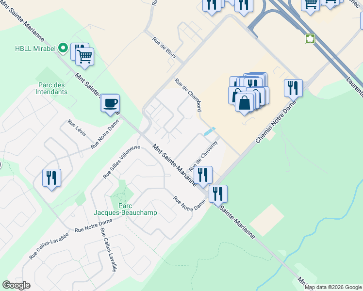 map of restaurants, bars, coffee shops, grocery stores, and more near 18009 Rue de Brissac in Mirabel
