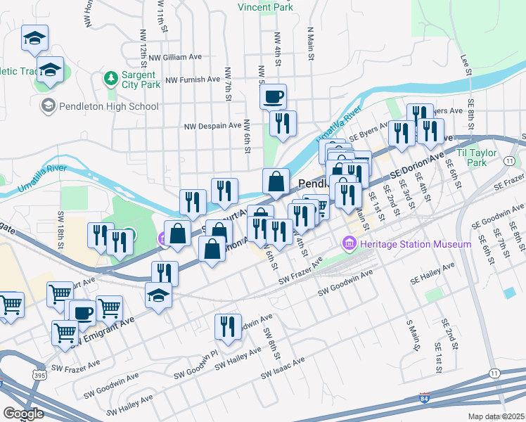 map of restaurants, bars, coffee shops, grocery stores, and more near 214 Southwest 6th Street in Pendleton