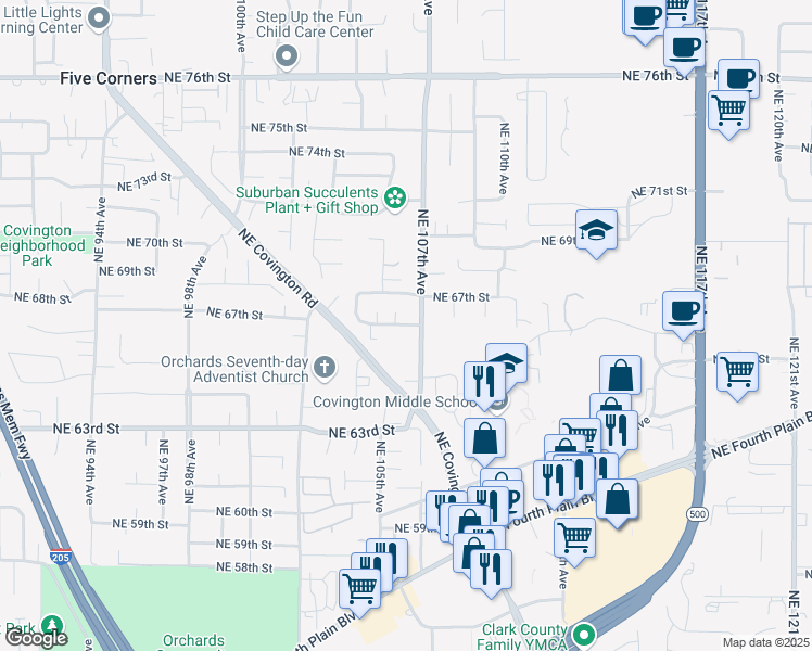 map of restaurants, bars, coffee shops, grocery stores, and more near 6601 Northeast 107th Avenue in Vancouver