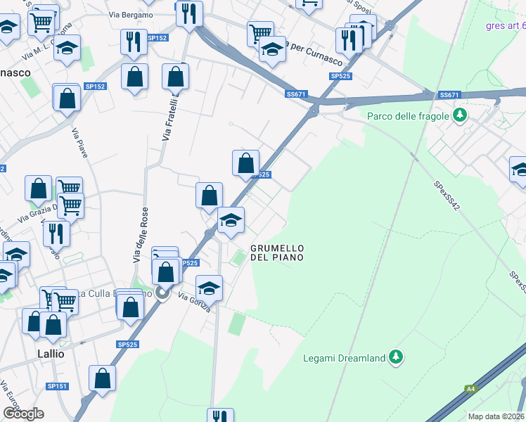map of restaurants, bars, coffee shops, grocery stores, and more near Via F. Giovannelli in Bergamo