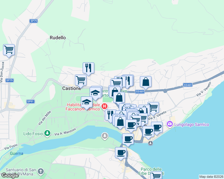 map of restaurants, bars, coffee shops, grocery stores, and more near 6 SP ex Strada Statale 469 in Sarnico