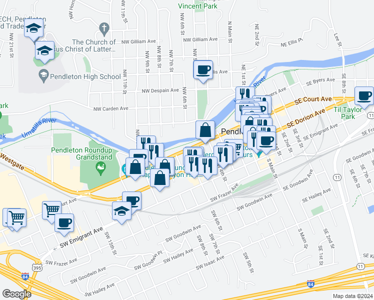 map of restaurants, bars, coffee shops, grocery stores, and more near Southwest Court Avenue & Southwest 6th Street in Pendleton