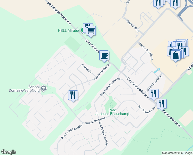 map of restaurants, bars, coffee shops, grocery stores, and more near 16665 Rue Notre Dame in Mirabel