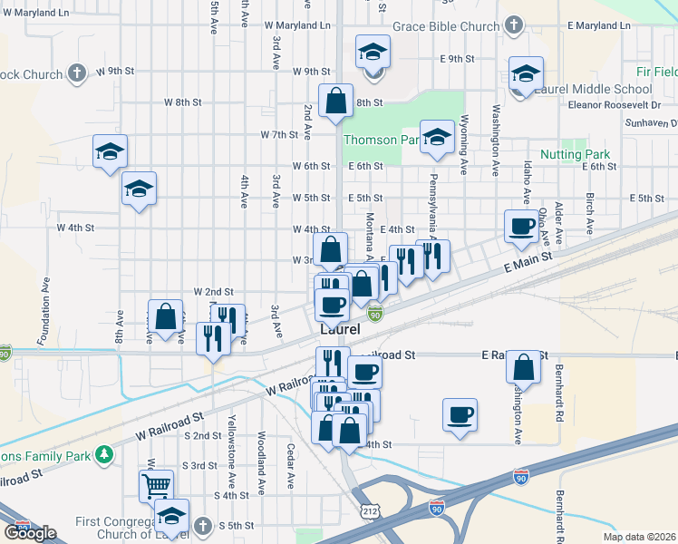 map of restaurants, bars, coffee shops, grocery stores, and more near 216 1st Ave in Laurel