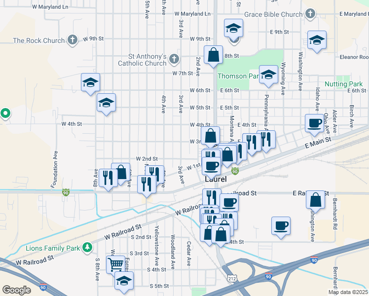 map of restaurants, bars, coffee shops, grocery stores, and more near 211 West 2nd Street in Laurel