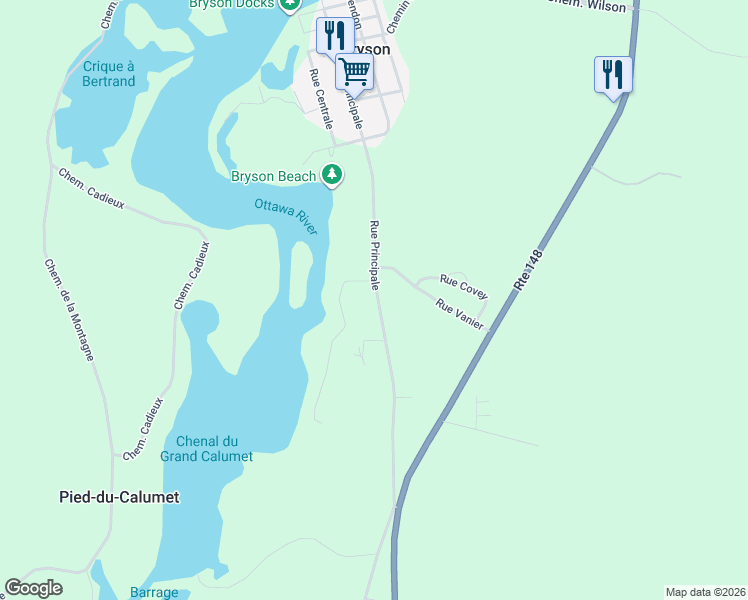 map of restaurants, bars, coffee shops, grocery stores, and more near 623 Rue Principale in Bryson