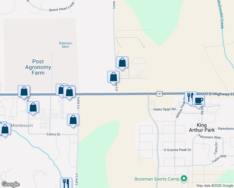 map of restaurants, bars, coffee shops, grocery stores, and more near 8398 Huffine Lane in Bozeman