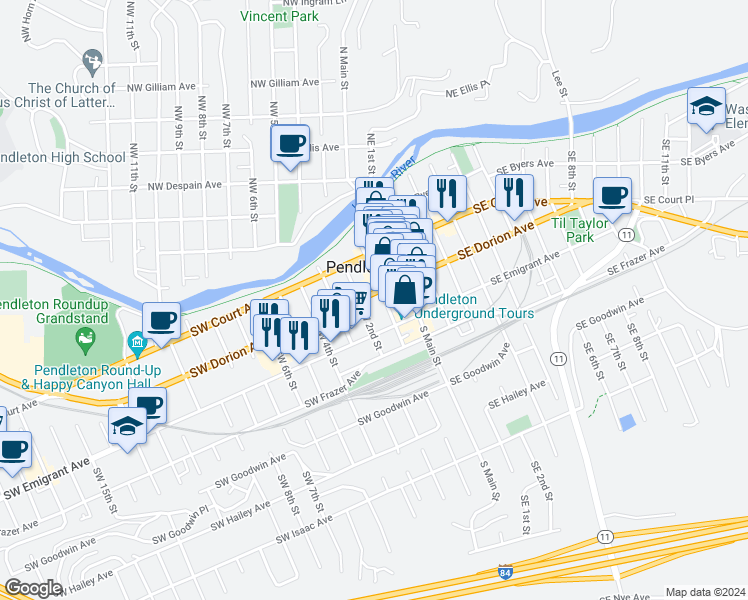 map of restaurants, bars, coffee shops, grocery stores, and more near 104 Southwest Dorion Avenue in Pendleton