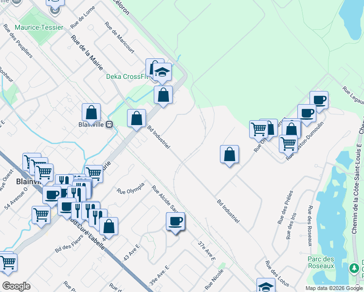 map of restaurants, bars, coffee shops, grocery stores, and more near 750 Boulevard Industriel in Blainville