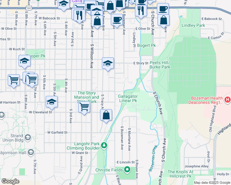 map of restaurants, bars, coffee shops, grocery stores, and more near 819 South Black Avenue in Bozeman