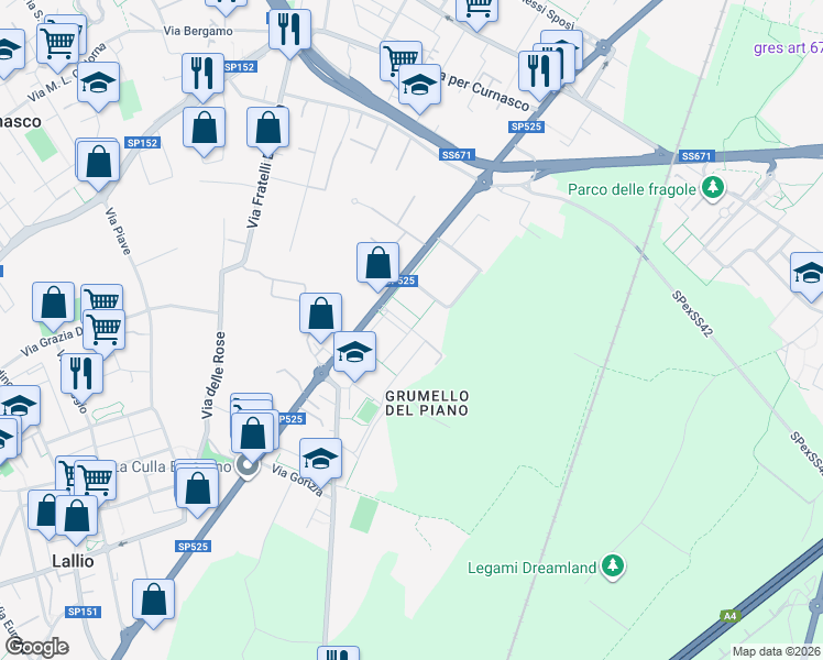 map of restaurants, bars, coffee shops, grocery stores, and more near Via F. Giovannelli in Bergamo
