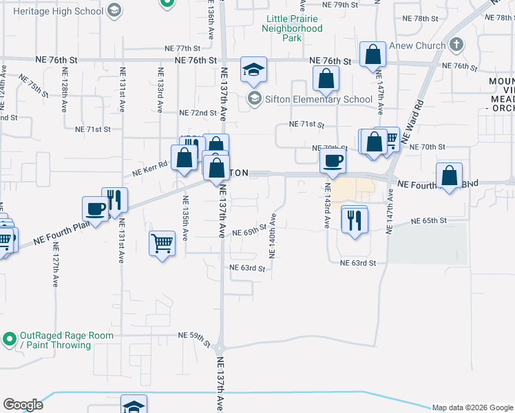 map of restaurants, bars, coffee shops, grocery stores, and more near 6703 Northeast 139th Place in Vancouver