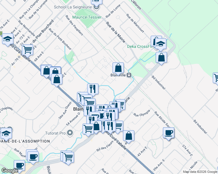 map of restaurants, bars, coffee shops, grocery stores, and more near in Blainville