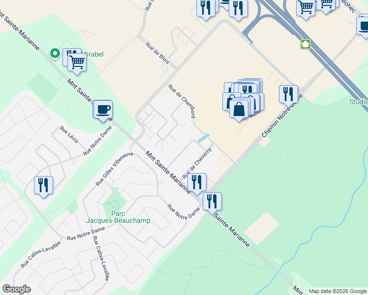 map of restaurants, bars, coffee shops, grocery stores, and more near 18085 Rue de Brissac in Mirabel