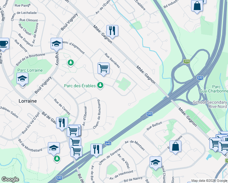 map of restaurants, bars, coffee shops, grocery stores, and more near 102 Chemin d'Aigremont in Lorraine