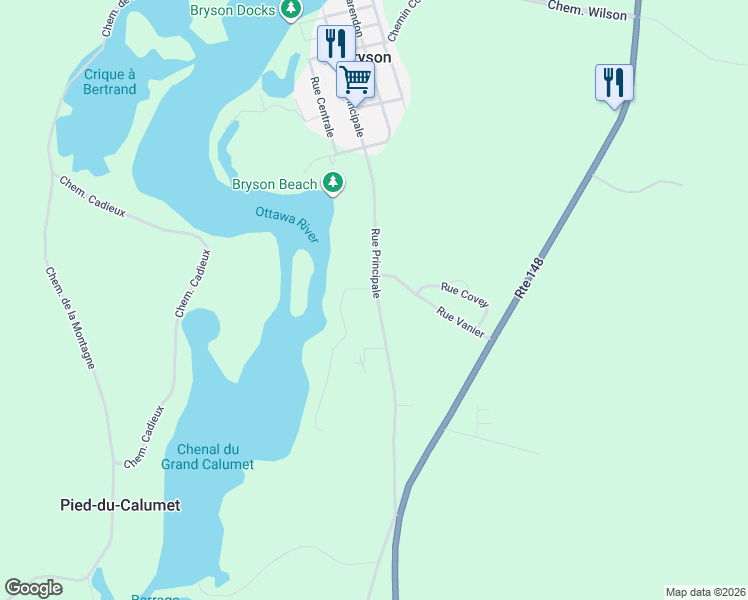 map of restaurants, bars, coffee shops, grocery stores, and more near 623 Rue Principale in Bryson