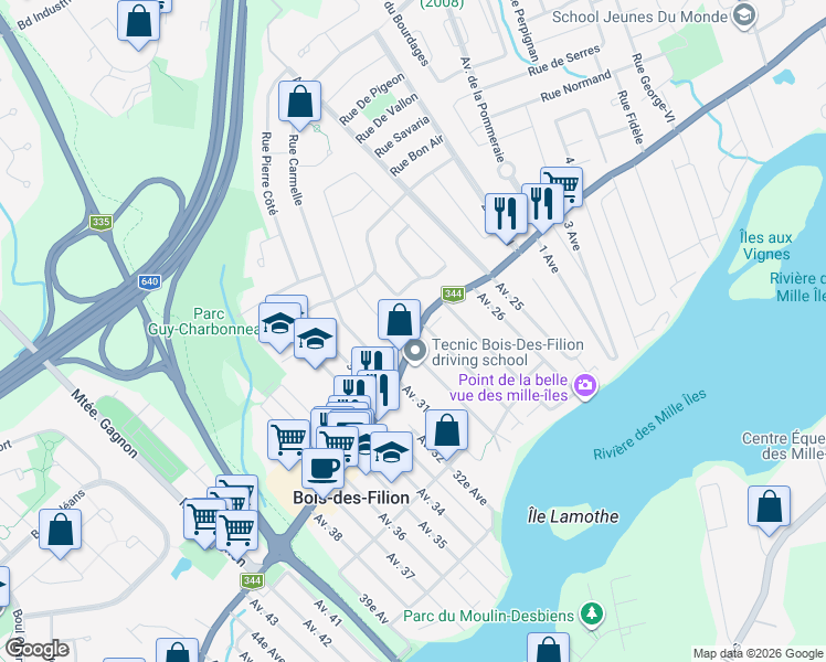 map of restaurants, bars, coffee shops, grocery stores, and more near 353 Boulevard Adolphe-Chapleau in Bois-des-Filion