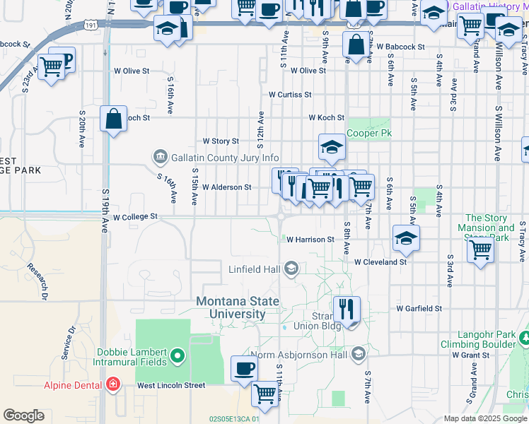 map of restaurants, bars, coffee shops, grocery stores, and more near 703 South 11th Avenue in Bozeman