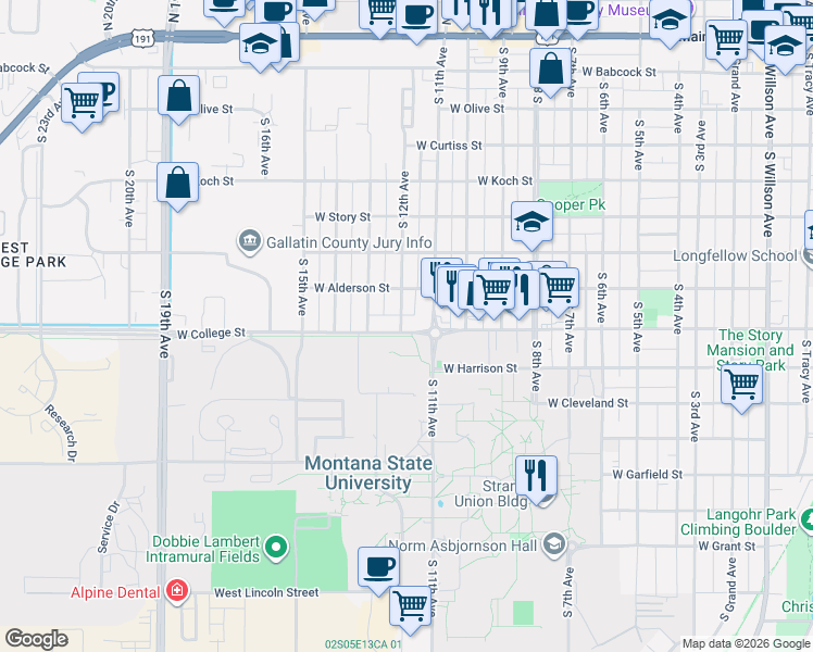 map of restaurants, bars, coffee shops, grocery stores, and more near 703 South 11th Avenue in Bozeman