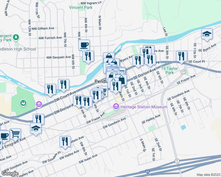 map of restaurants, bars, coffee shops, grocery stores, and more near 104 Southwest Dorion Avenue in Pendleton
